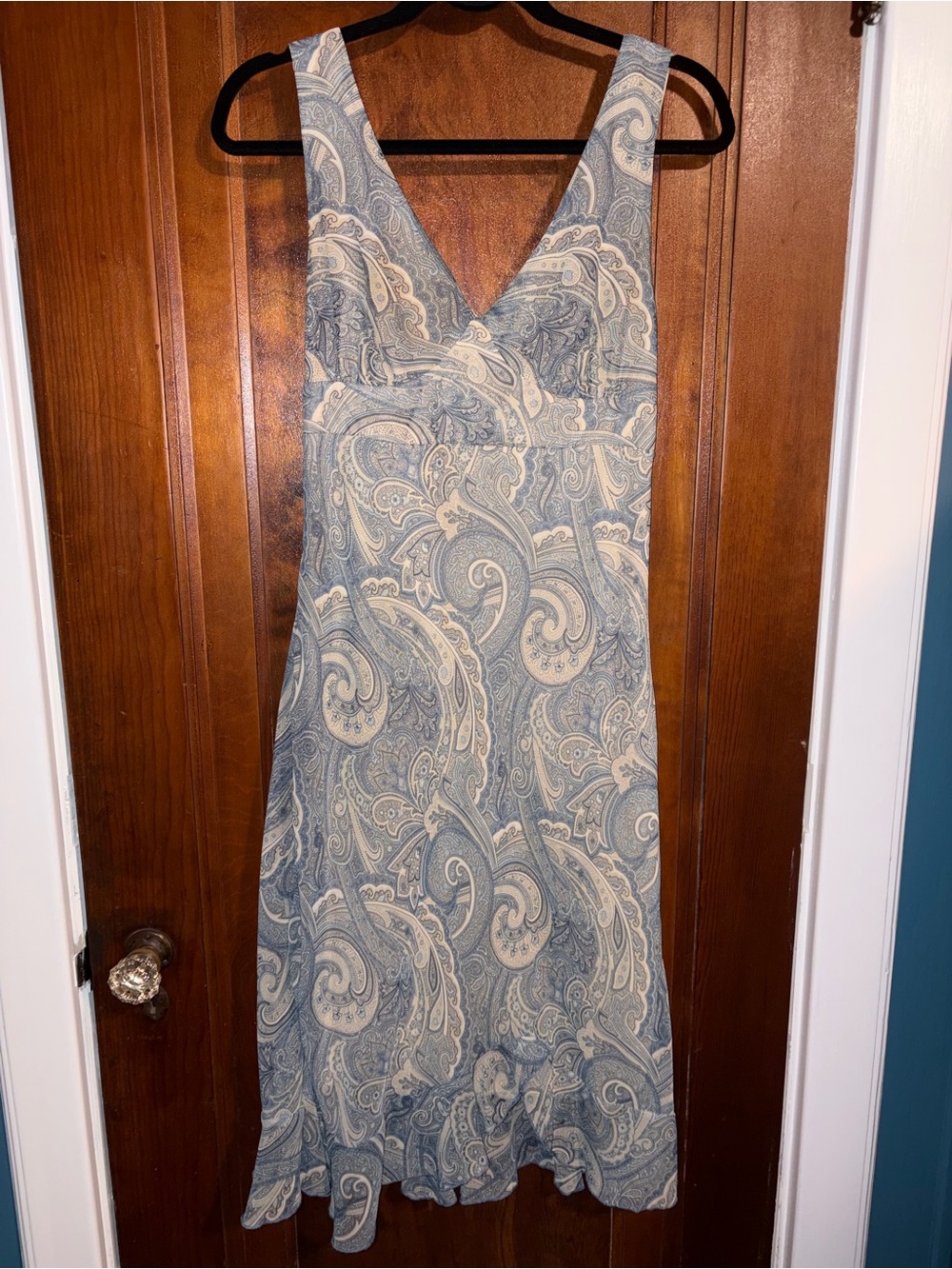 New York & Company Paisley V-Neck Midi Dress in Light Blue and Cream